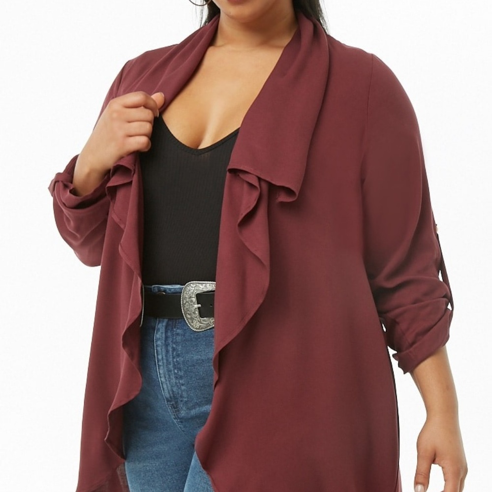 Burgundy Ruffled Duster Jacket 1X - Picture 2 of 4